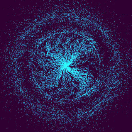 Glowing particles in out of center dynamic flow. Trendy particle cover design.