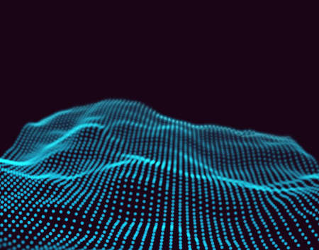 Abstract digital landscape with flowing particles and upper light. Cyber or technology background.Vector illustrationのイラスト素材