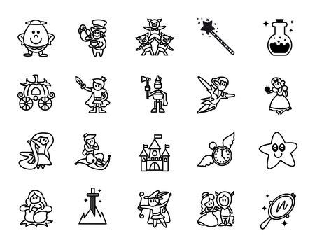 Fairy tales icons set. Set of Fantasy Related Vector Line Icons. Set of 20 minimal fable icons.のイラスト素材