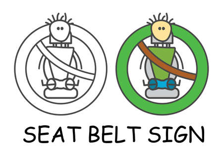 Funny vector Fasten your seat belt Sign in children's style. Passenger is insured sign green. Not forbidden symbol. Sticker or icon for area places. Isolated on white background.のイラスト素材