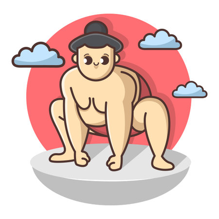 Funny Sumo funny wrestler character. Japan culture abstract design template. Hand drawn cartoon vector illustration.のイラスト素材