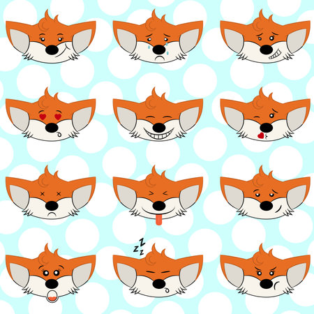 Set of funny fox emoticons - smiling orange foxes with different emotions from happiness to angry.
