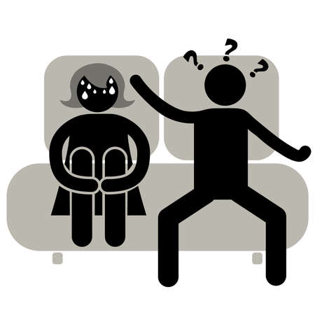 Androphobia. Fear of man. Social phobia. Girl is afraid of intimacy. Woman Doesn't Want to Be With her boyfriend anymore. The couple is sitting on the couch. Icon about problems in relationships.のイラスト素材