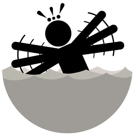 Aquafobia. Hydrophobia. Phobia. Vector Illustration of a man suffering from the fear of water. Man waving His Arms. Man can't swim.のイラスト素材