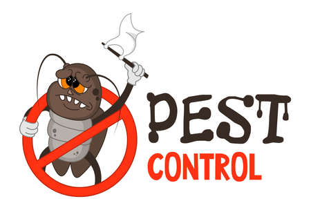 Funny vector illustration of pest control for fumigation business. Comic locked cockroach surrenders. Design for print, emblem, t-shirt, sticker, corporate identity, icon.のイラスト素材