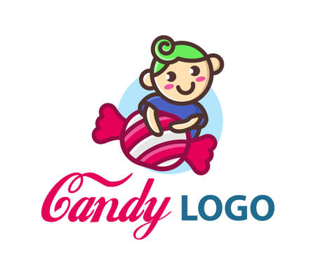Candy vector logo template with cute little funny boy. Ð¡hild hugs a big candy. Candy shop icon. Candy bar logo. Lollipop icon. Sweets icon.のイラスト素材