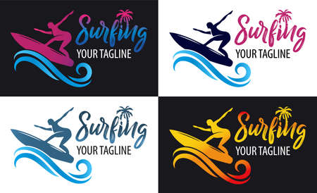 Surfing logo for Surf Club or shop. Lettering emblem of Surf club with surfing board and surfer silhouette background.のイラスト素材