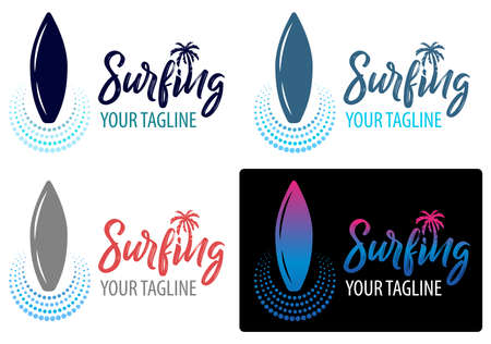 Surfing logo for Surf Club or shop. lettering emblem of Surf club with surfing board palm tree background.のイラスト素材
