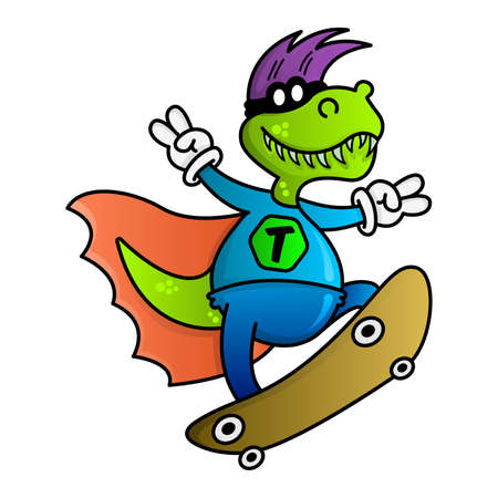 Cool superhero dinosaur on skateboard. Funny vector cartoon tyrannosaurus. Design for print, emblem, t-shirt, party decoration, mascot, sticker, logotypeのイラスト素材