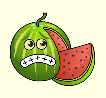 Funny scared vector watermelon character. Design for print, emblem, t-shirt, party decoration, sticker, logotype.のイラスト素材