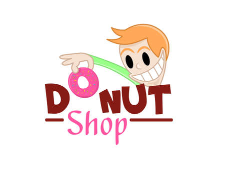 Funny character takes a donut. Vector illustration of delicious sweet donuts shop logo icon. Design for fresh bakery products, bread, cupcake, cake, donut or grocery shop with pink cream donut.のイラスト素材