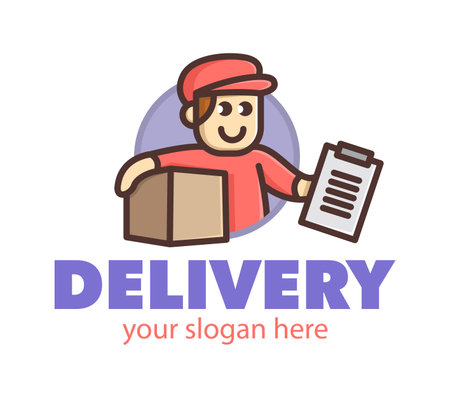 Smiling funny cute delivery man holding a cardboard box. Design for print, emblem, t-shirt, party decoration, sticker, logotype.のイラスト素材