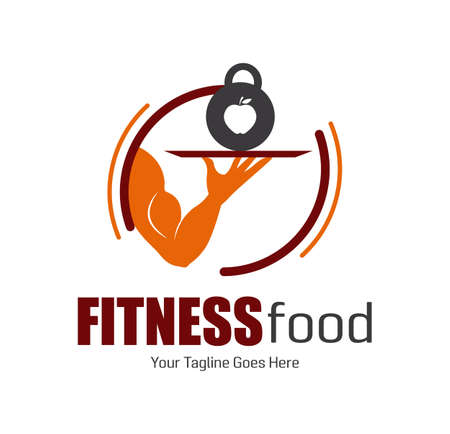 Modern concept Fitness or nutriction Food. Muscle arm serving the dish with heavy dumbbell. Design for print, emblem, t-shirt, icon, sign sticker, logotype.のイラスト素材