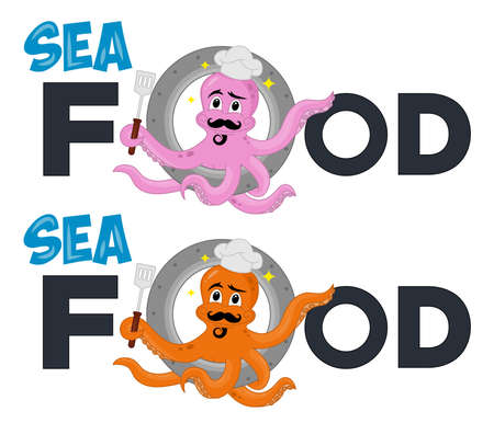 Vector illustration of funny cute octopus cook climbs out of the porthole. Cartoon Character. Excellent template highly suitable for food company, restaurant, seafood and catering businesses.のイラスト素材