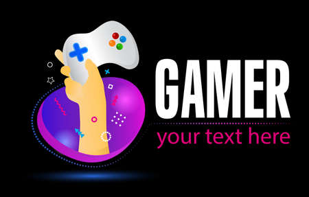 Gamepad logo. Electronic sports, e-sports, or eSports concept. Hand Holding game controller on creative colorful background.のイラスト素材