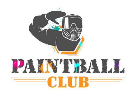 Ð¡olorful paintball sport club logotype. Man in full equipment with tinted mask salutes. Design for print, web, emblem, t-shirt, party decoration, sticker, logotype.のイラスト素材