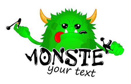 Beast took a bite of a Letter. Cute Kids Monster Vector Logo Template. Hungry cartoon hairy monster. Vector Halloween green furry monster gremlin or troll. Design for emblem, logo, print or sticker.のイラスト素材