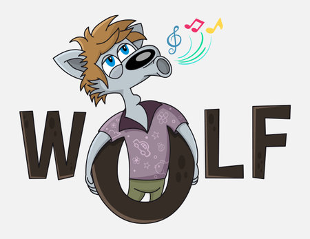 Funny wolf cartoon character sings. Karaoke club vector logo design. Advertising for karaoke, party, disco bar, club, live music or other children event.のイラスト素材