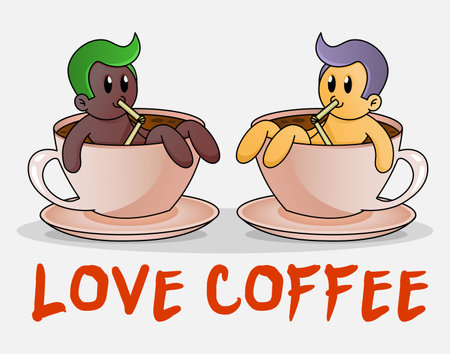 Cute man Take A Bath In Cup Of Hot Coffee. Funny cartoon concept of big cup of coffee. Design for print, emblem, t-shirt, party decoration, sticker, logotype, mascot.のイラスト素材