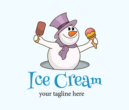 Funny cartoon snowman climbs out of the hole holding ice cream. Cute character for ice cream party.のイラスト素材