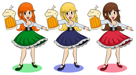 Funny girls with a different color hair and skirt keep the beer. Invites You Enter. Illustration of German girl serving beer. Oktoberfest.のイラスト素材