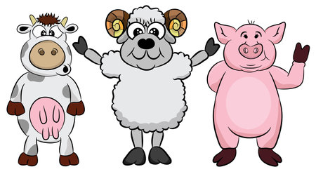 Farm life. Cartoon fun farm animals set. Vector illustration, isolated on white background. Cute pets characters including pig, sheep, cow.のイラスト素材
