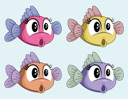 Cute vector surprised fish female cartoon character. Funny shocked little fish. Four colors.のイラスト素材