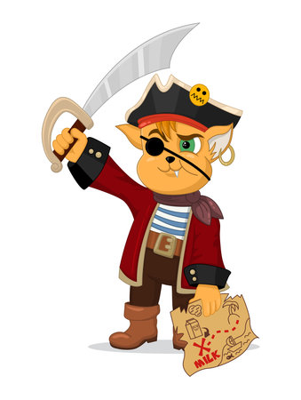 Vector illustration of funny cartoon cat pirate with a treasure map and a saber.のイラスト素材