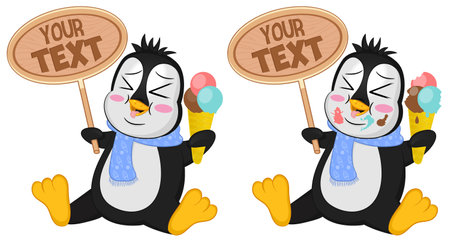 Cartoon penguin with ice cream. Penguin holds a sign and eats ice cream. Likes cold ice cream.のイラスト素材