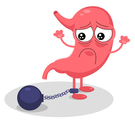 Cute cartoon stomach character unhealthy sick emoji sad emotion. Stomach heaviness concept. Vector modern style cartoon character illustration icon.のイラスト素材