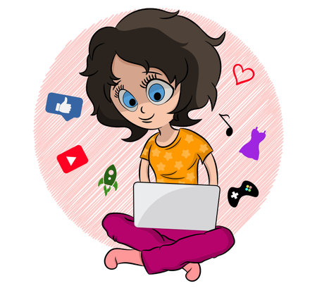 Girl with laptop performs various actions. Vector girl with laptop. Cartoon lady. Colorful illustration. Funny personage. Cute woman with computer.のイラスト素材