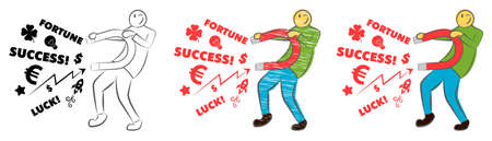 Businessman attracting luck with a large magnet. Idea and business concept. Successful business. Guy holds a magnet. Hand drawn cartoon doodle vector illustration. Man attracting money.のイラスト素材