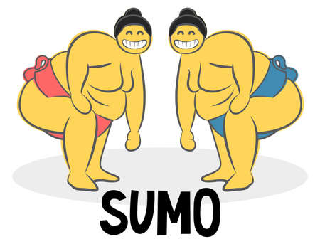 Funny Sumo wrestler Logo. Japan culture abstract design template. Hand drawn cartoon doodle vector illustration. Traditional Symbol for Japanese cuisine sushi roll Logotype concept icon.のイラスト素材