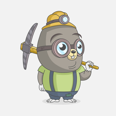 Little cute mole miner holding a pickaxe and smiling. Design for print, emblem, t-shirt, party decoration, sticker or mascot.のイラスト素材