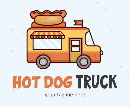Hot dog food truck creative logo. Truck with a chef hat funny concept.のイラスト素材