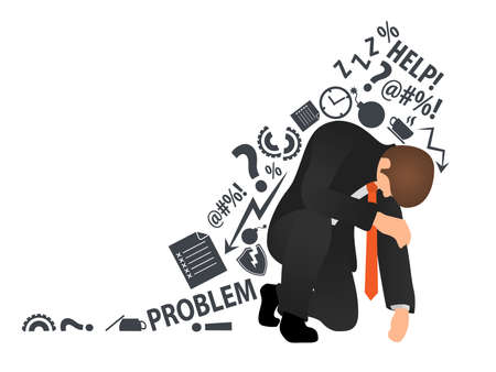 Overworked and tired businessman or office worker sitting on his knee and trying to get up. Flat style modern vector illustration. Concept business problem, stress, fail, deadline or overworked personのイラスト素材
