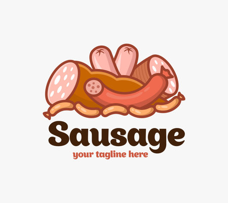 Sausage store, market, shop logo. Butcher icon. Barbecue party logotype. Design for print, emblem, t-shirt, party decoration, sticker, logotype.のイラスト素材