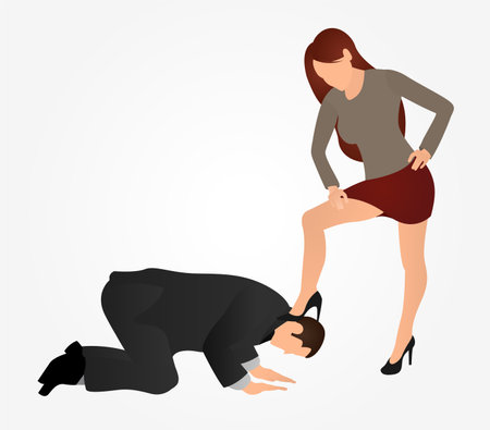 Female boss leg presses on a man. Businessman kneel down. The concept of manipulation and control over people. Slavery at work concept.のイラスト素材