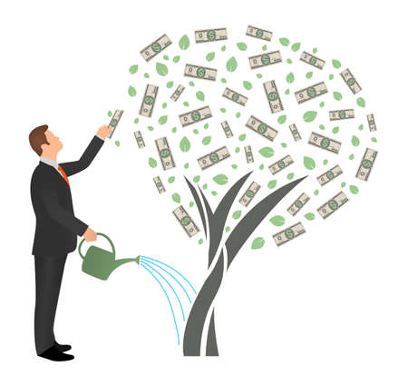 Flat vector businessman watering money tree and reaches for the dollar. Successful man business project investment income concept isolated on white background.のイラスト素材