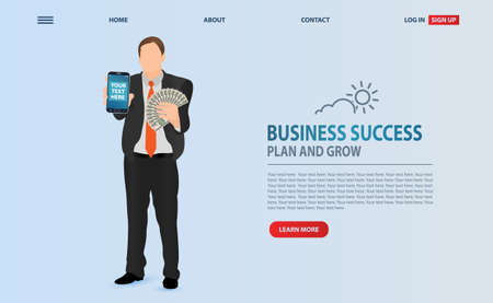 Businessman holds a fan of money and shows his smartphone. Business leader vector concept. Ð¡oncept of success and wealth. Symbol of achievement victory, top career and leadership.のイラスト素材