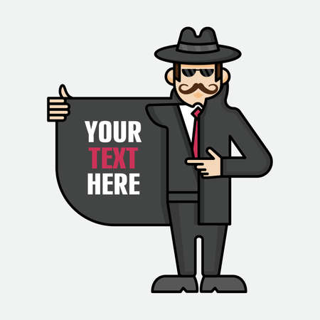 Funny spy vector character opens his coat and points his finger. Secret Party Concept mascot.のイラスト素材
