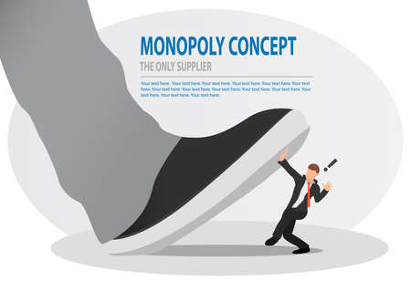 Businessman is trampled by a big foot. Big boss trying to stomping step on his small worker. Monopoly, bad leadership, conflict, competition concept.のイラスト素材