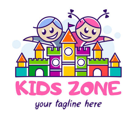 Bouncy castle cartoon logo. Kids zone concept. Children Playground sign.のイラスト素材