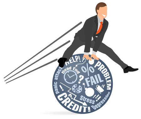 Cheerful businessman jumps over his problems and fears. Concept of mental emotional balance, calming down, stress resistance, no stress free relief, avoiding negative, positive thinking, psychology.のイラスト素材