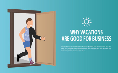 Cheerful flat worker opens the door and runs on vacation. Businessman relaxing. Work or holiday stress or relaxation concept.のイラスト素材