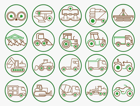 Agriculture equipment machinery icon set. Industrial machinery symbols. Attachments for tractors.のイラスト素材