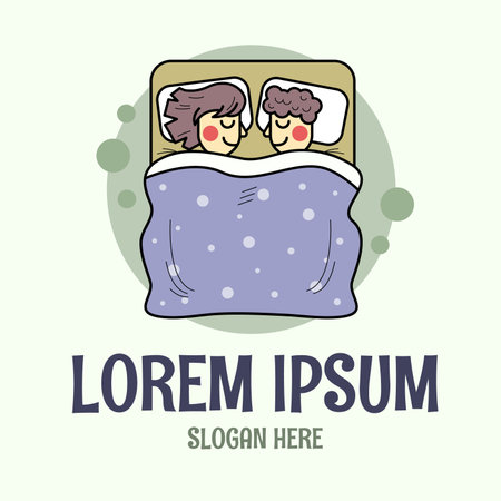 Cute sleeping couple. Bedclothes, bedding with funny concept. Mattress shop icon.のイラスト素材