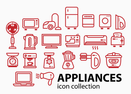 Modern minimalist home appliance store licon set. 20 different elements of household appliances.のイラスト素材