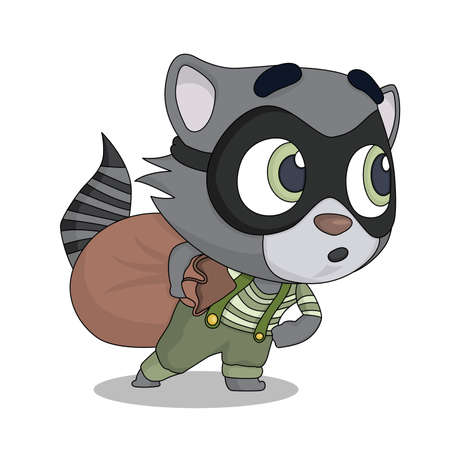 Funny cartoon animal character. Scared raccoon robber. Design for print, emblem, t-shirt, party decoration, sticker or mascot.のイラスト素材