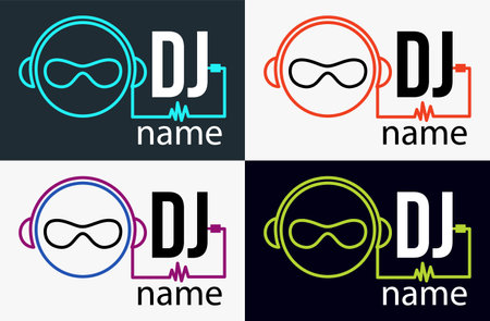 Dj Logo Design. Creative vector logo design with headphones and DJ with glasses. Music logotype template. For accessory, brand, identity, logotype, company, shop, dj party. Black background. Mp3 sign.のイラスト素材